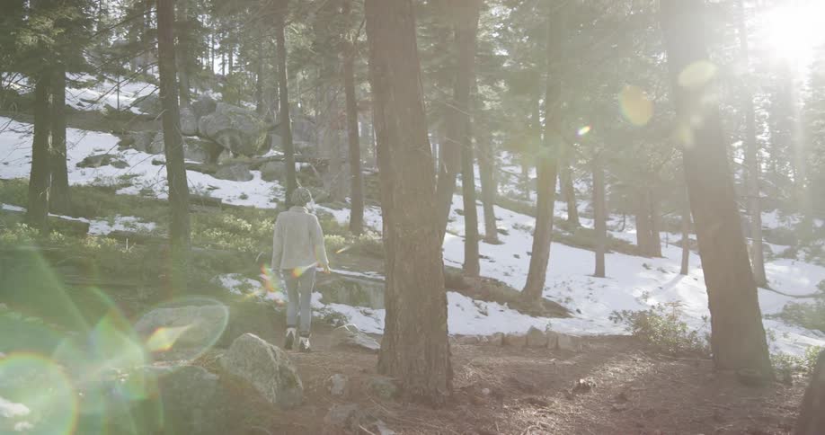 Woman hikes along snow coveredmountain slope through forest