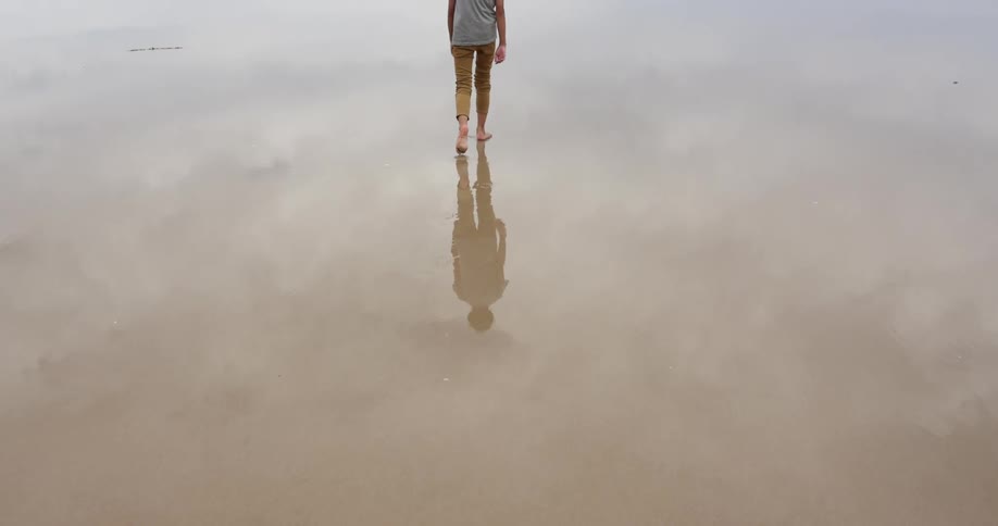 A person walking barefoot over the wet sand on a beach next to the ocean at sunset
