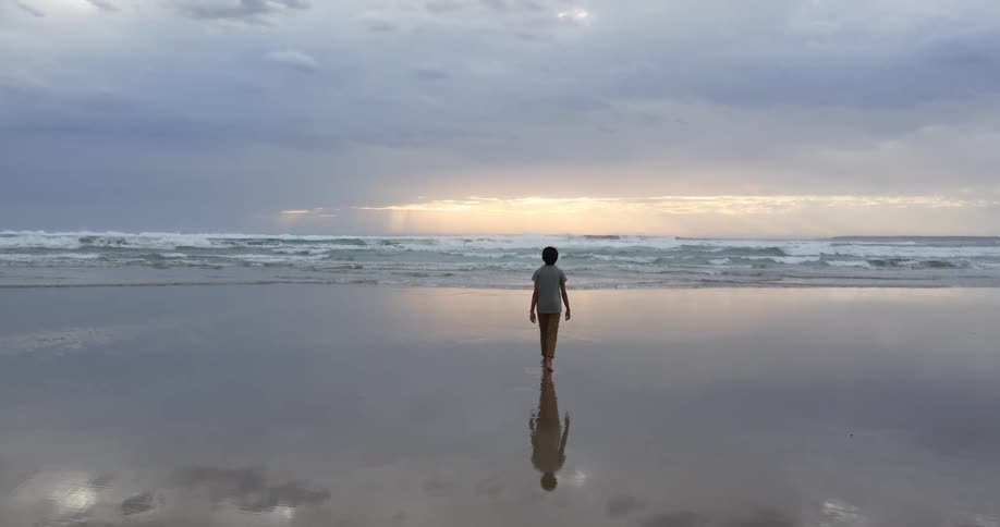 A person walking alone on a sandy beach at sunset