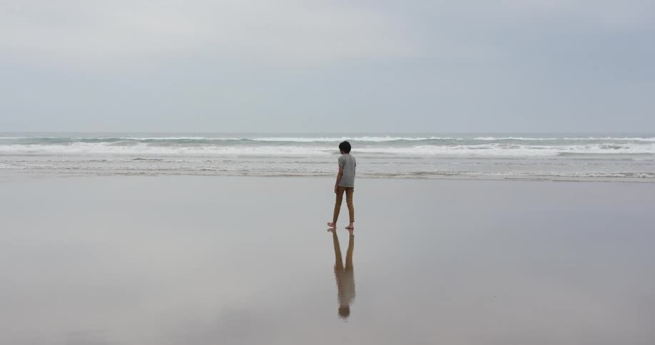 A person walking on a beach with the ocean sky and clouds in the background