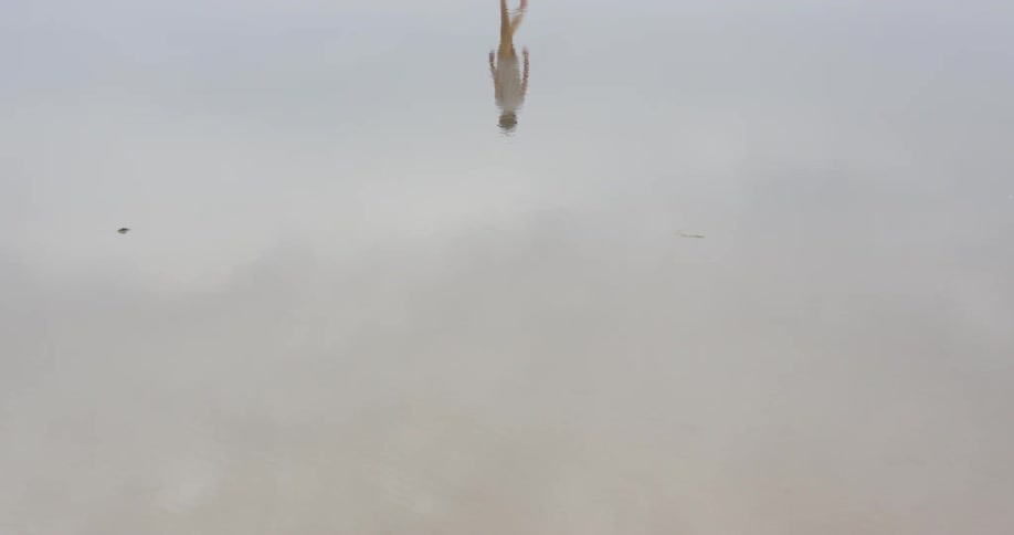 A person is reflected under the cloudy sky