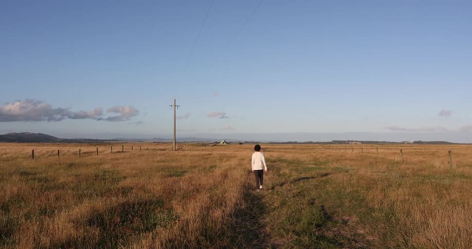 A woman walks away from the camera in a field that seems to stretch for miles in the afternoon