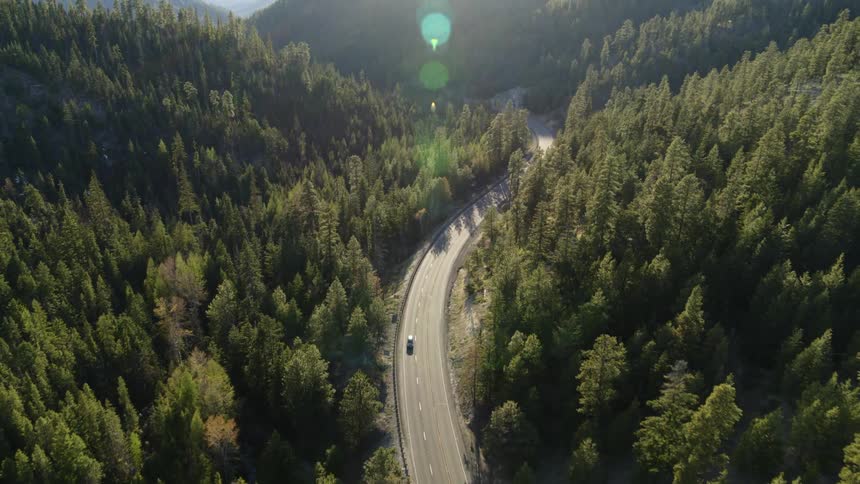 A car drives up a steep mountain pass highway surrounded by evergreen forest