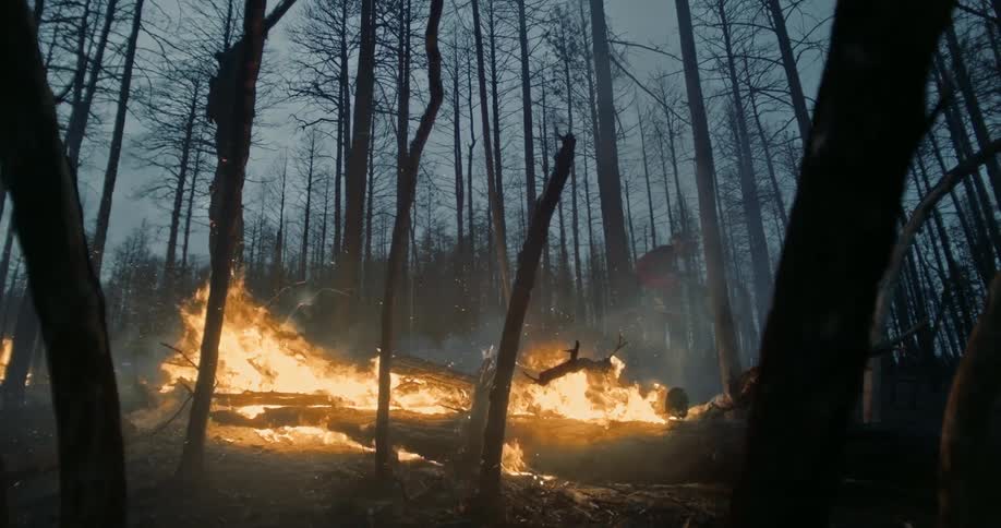 Cyclist jumps a mountain bike over burning logs in a forest at sunset