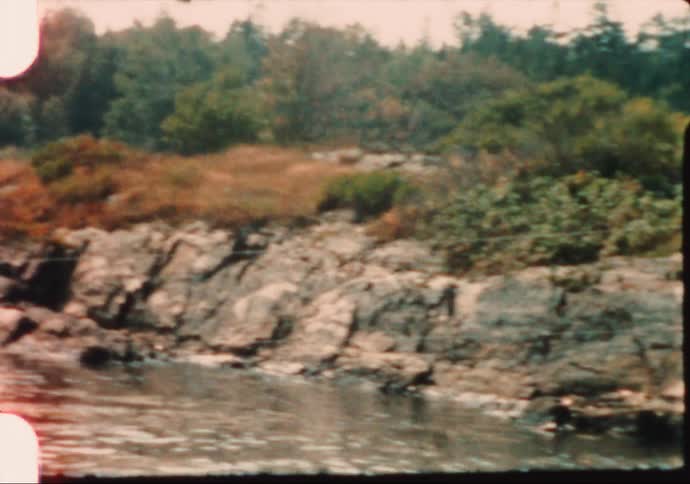 Boat floating in a river near a house in the forest caught on vintage film