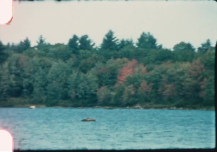 Woodlands with fall colors starting to show line the coast of a Maine lake