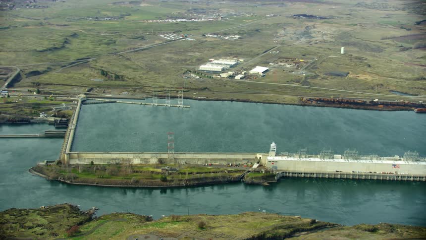 The Dalles dam is seen from high above in this sweeping aerial of the Columbia River and its vast network of Hydro Electric dams