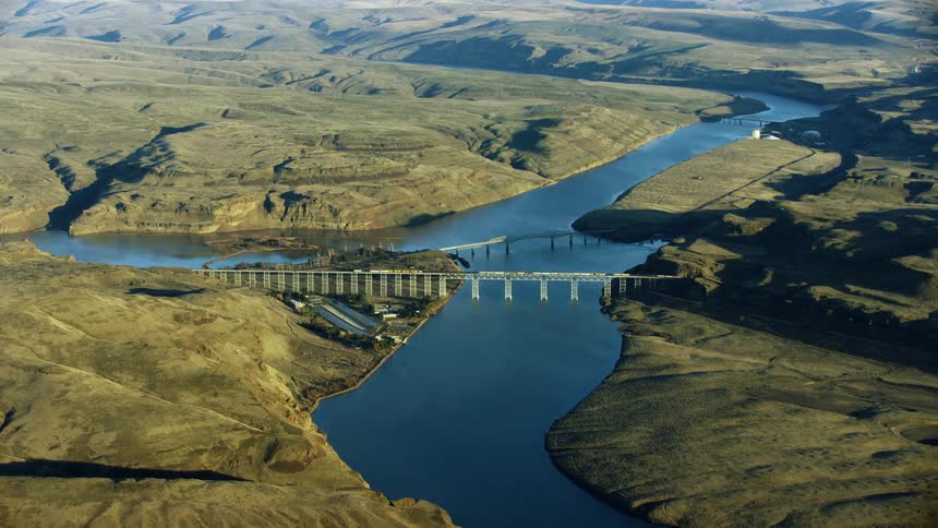 Lyons Ferry Bridge near Lyons Ferry State Park in eastern Washington at the confluence of the Palouse and Snake Rivers in a high altitude aerial
