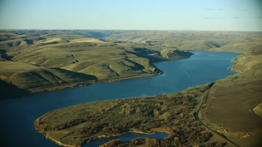 Aerial of the Lower Snake River corridor as seen from high above the river in an airplane