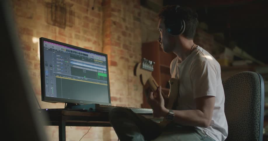 A man playing guitar and recording it with a computer