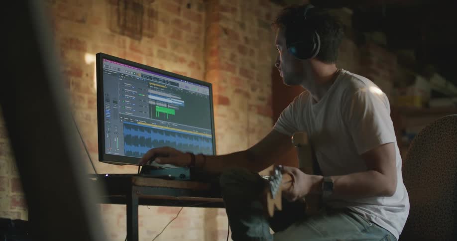 A man recording guitar on a computer