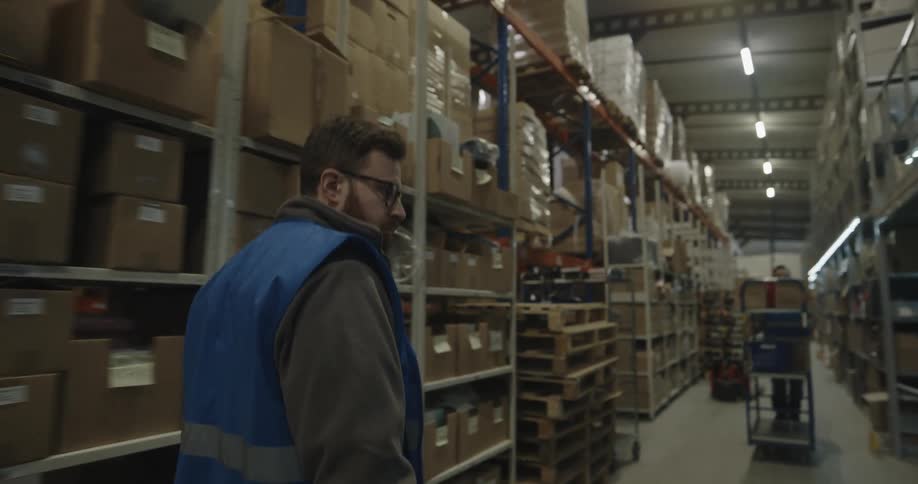 A warehouse worker walks down an aisle in a warehouse