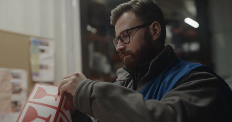 A man in a warehouse with glasses taping a box and placing a fragile sticker on it