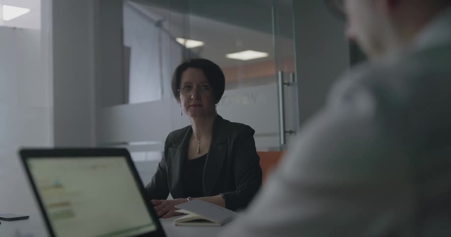 Office workers hold meeting in conference room consulting laptop