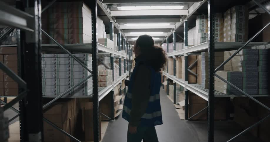 Workers in a warehouse walking and talking along the aisles of products