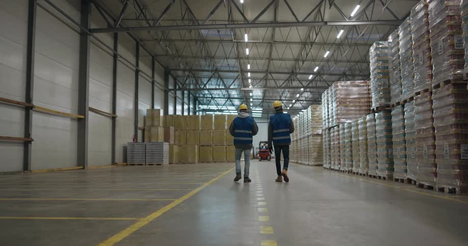 Warehouse coworkers walking near the pallets of products in storage