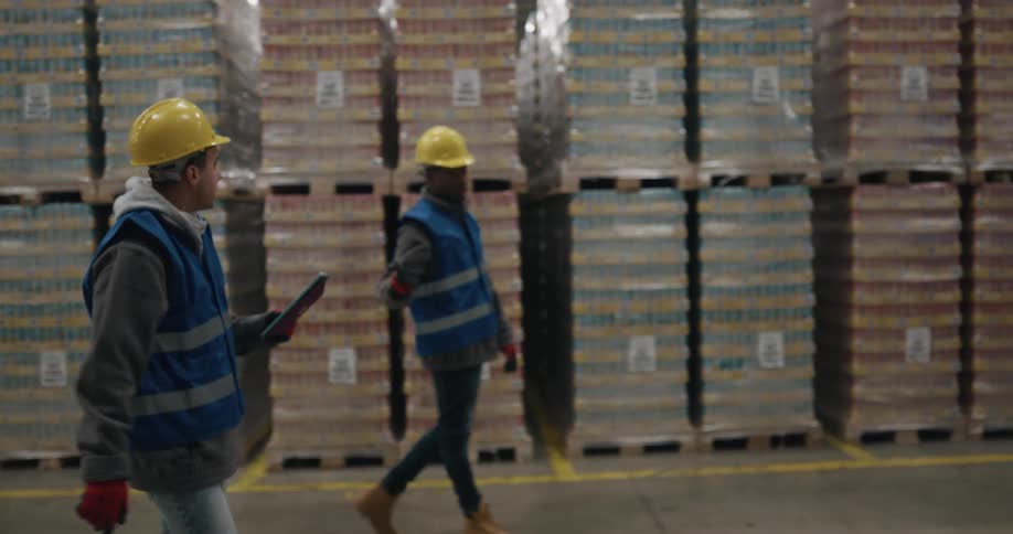 Two coworkers walking around in a warehouse
