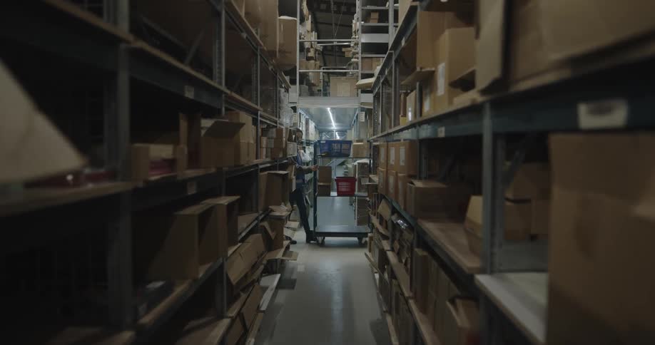 A woman in a warehouse with boxes and shelves pushing a cart