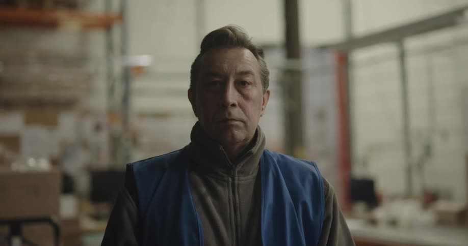 Employee on a warehouse looks up at the camera