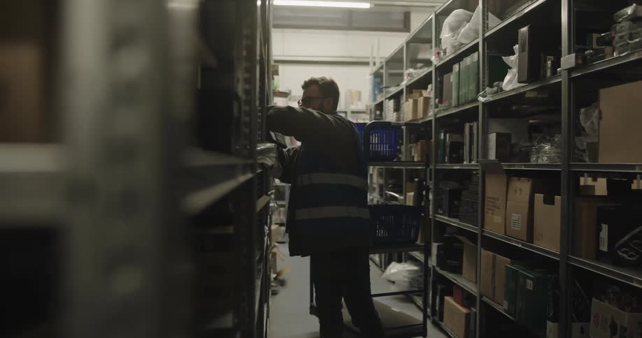 Warehouse worker scanning the shelves on the aisles searching for products