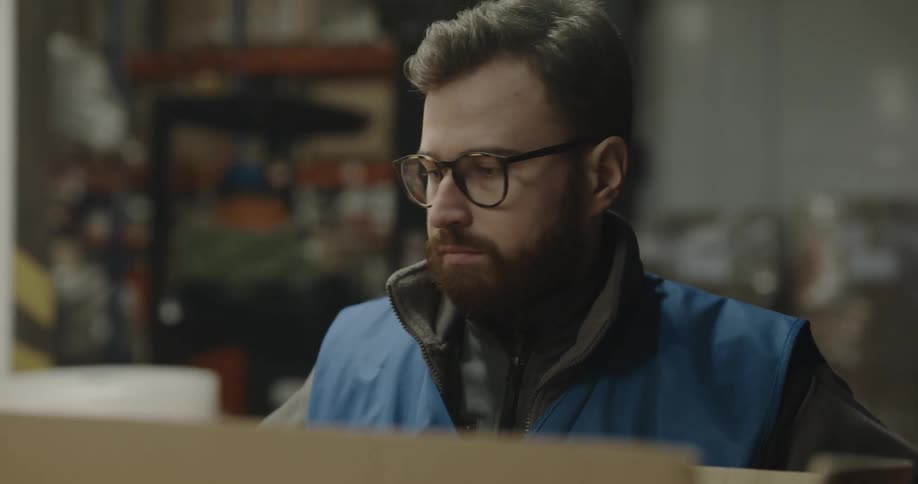 An employee boxing things in a warehouse