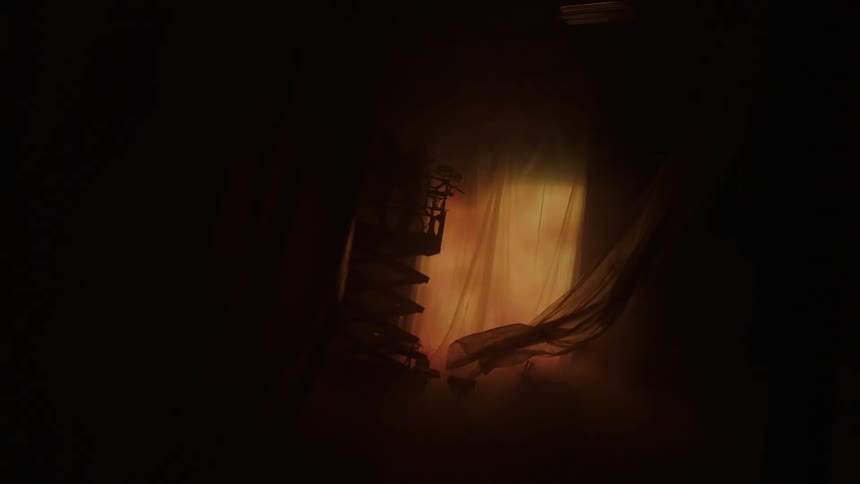 Two men standing on an elevated hydraulic stage lift playing instruments while a smoky light flashes behind a curtain