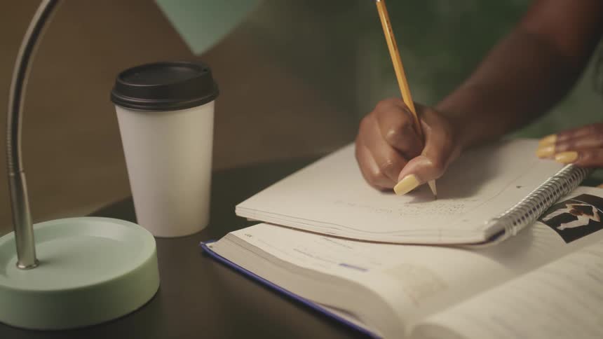 Woman sitting at table writes in a notebook next to a table lamp and plastic coffee cup