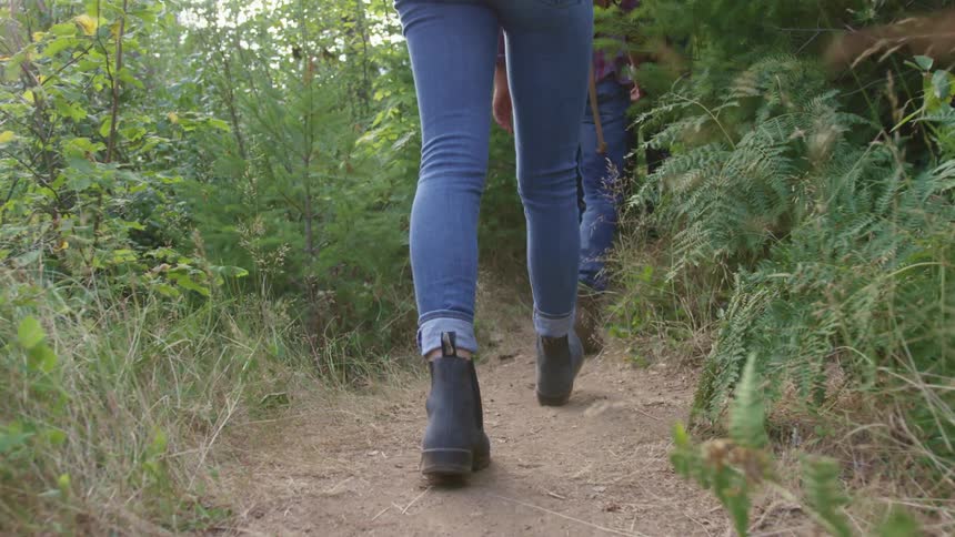 People are hiking on a small path through the forest