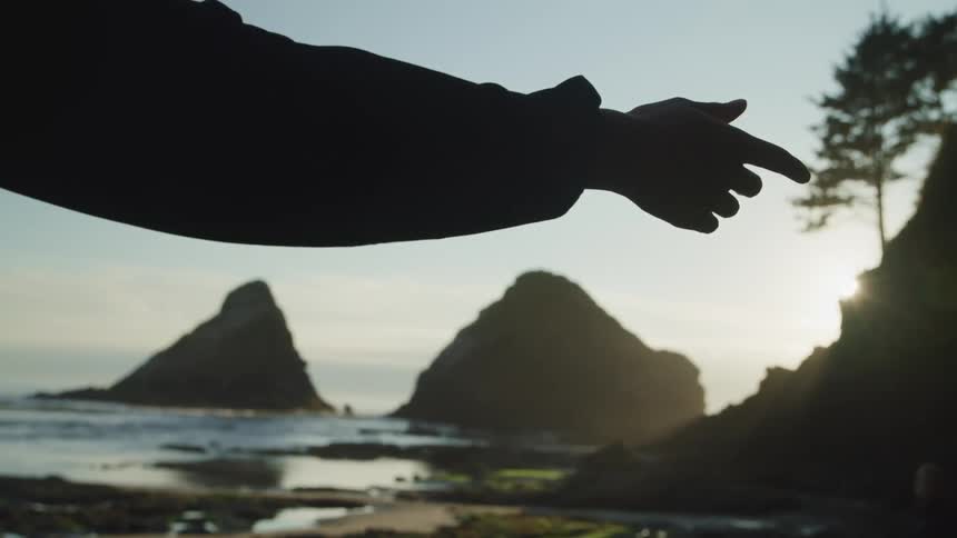 Silhouette of the hand of a woman raising against the sky in a beach at sunset