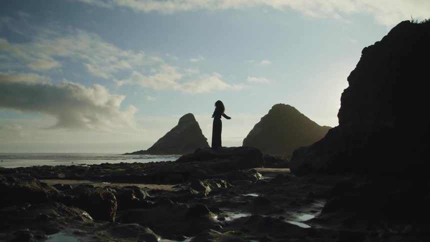 Silhouette of a woman wearing a black dress standing on the rocks on the coast of a beach at evening