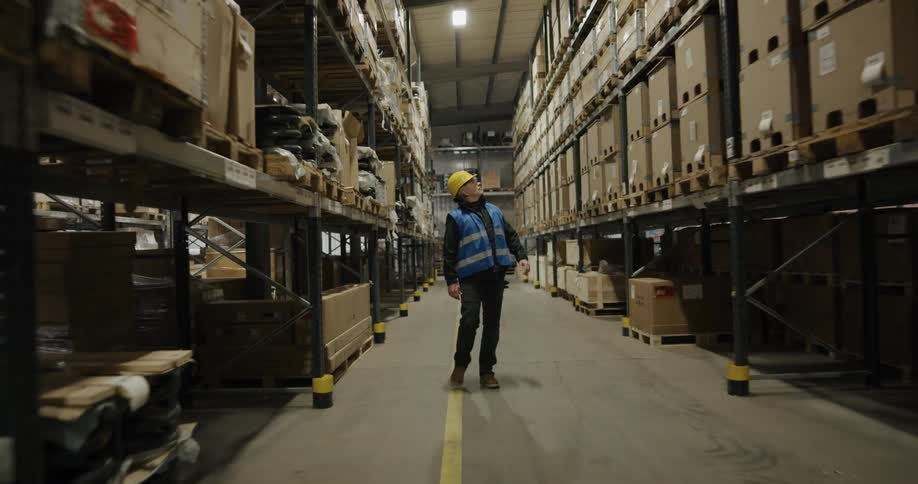 A man wearing a hardhat and safety vest walks down an aisle in a warehouse looking up at the shelves