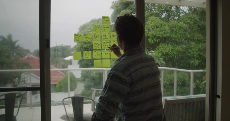 A man stands at a large window that is covered in sticky notes upon which he is writing a variety of note with various dates and numbers on them