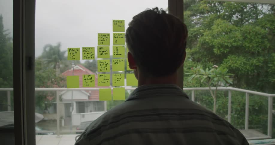 A man thinking as he looks at notes on a window