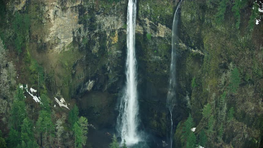 Multnomah Falls in Oregon which is the highest waterfall in Oregon falls 620 feet into the Columbia River Gorge in this view from an airplane aerial