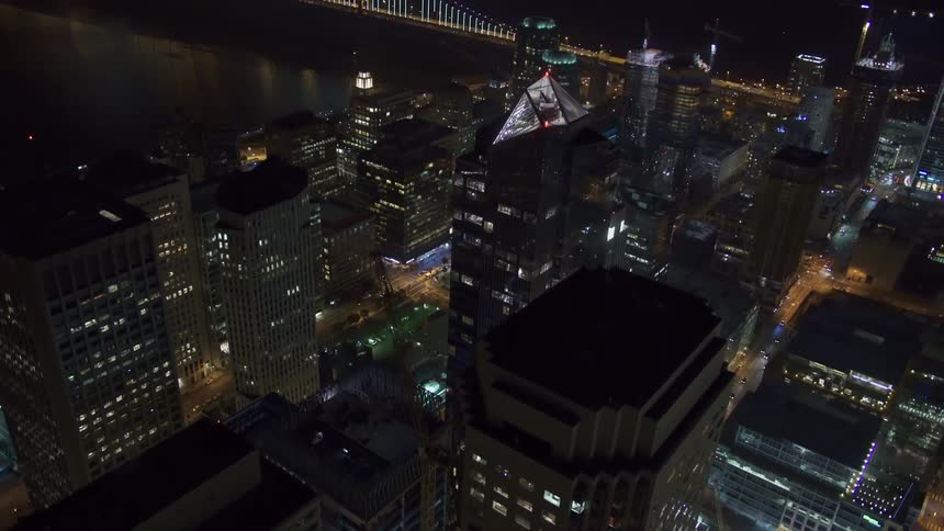 Aerial view of the streets and buildings on the citys downtown at night