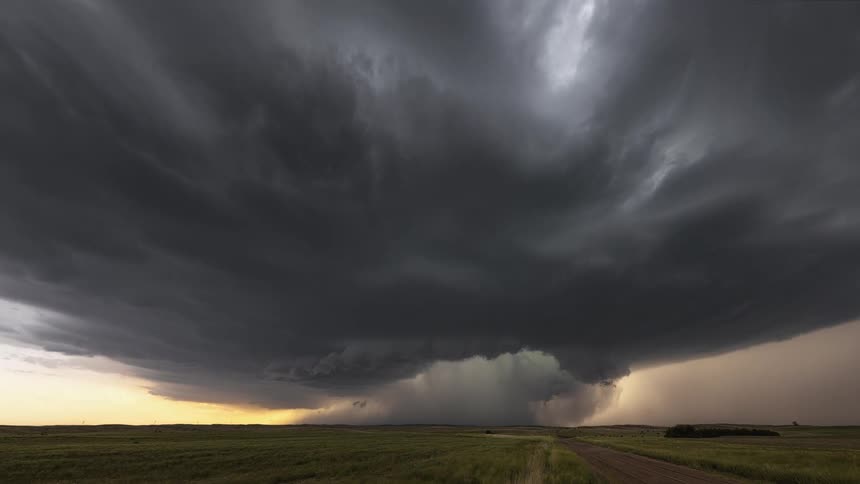 Dark storm clouds and a tornado move over farmland