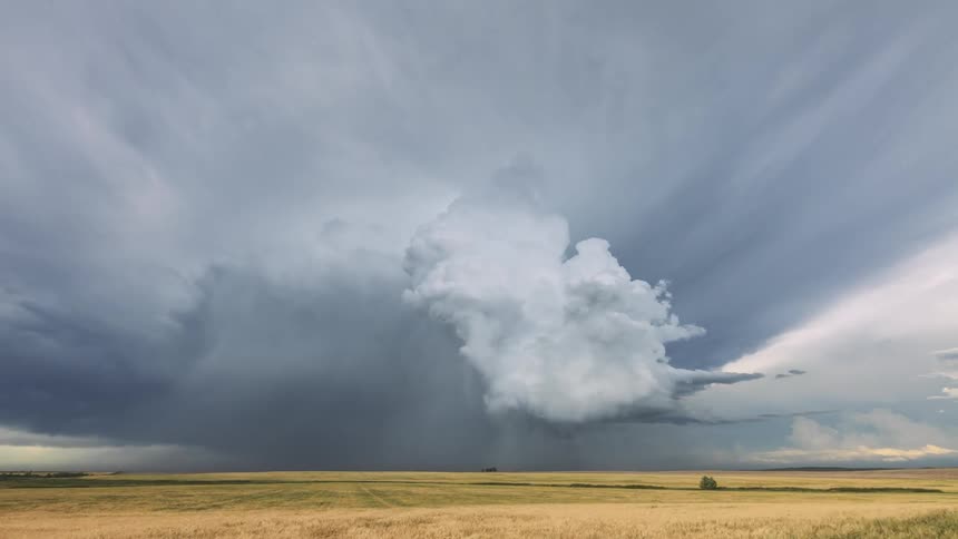 Storm clouds move over farmland