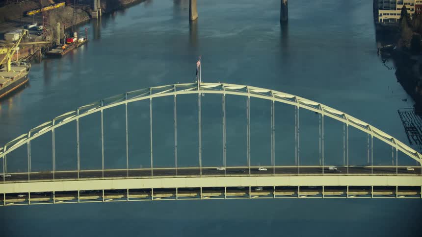 The Aerial shot of the Fremont Bridge across the Willamette River in Portland in the U.S. state of Oregon, the view is looking upstream