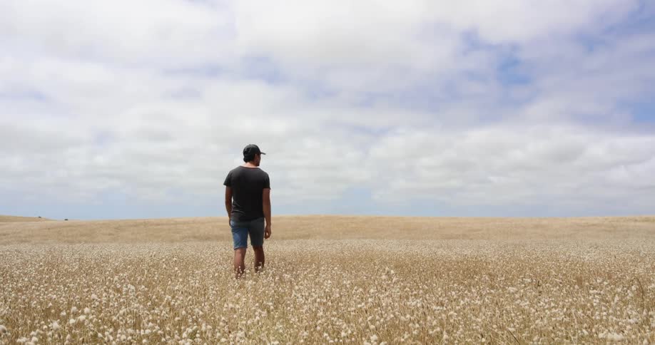 A man walks through field of brownish vegetation during the day