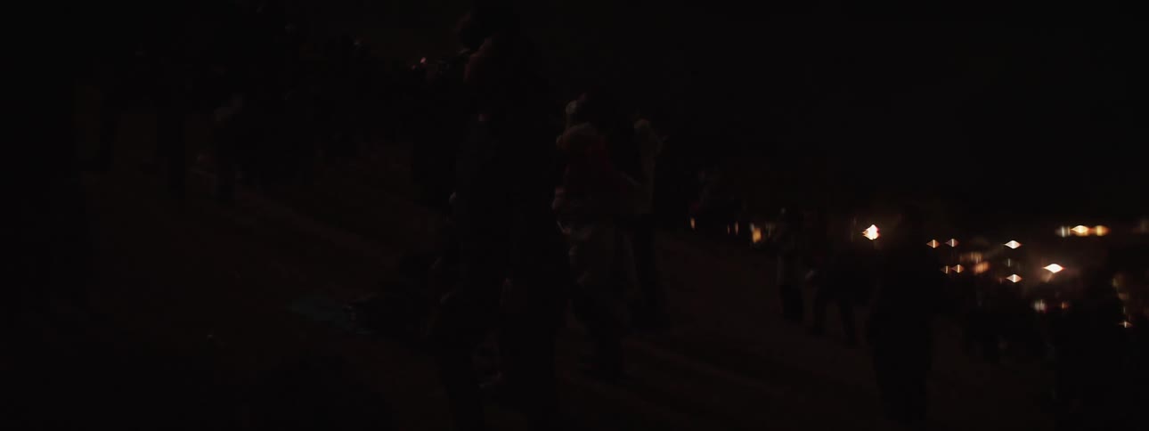 A crowd of people standing on a hill in the dark and watch as fireworks burst in the night sky