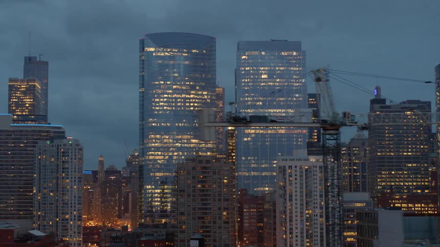 Skyscrapers in a downtown Chicago blue hour