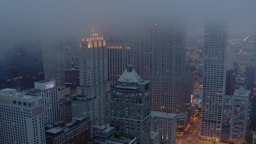 Chicago skyline shrouded in low clouds