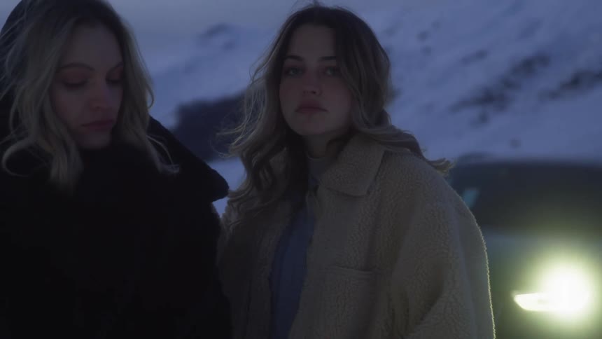 Two women modeling in front of the headlights of a car parked in the mountains