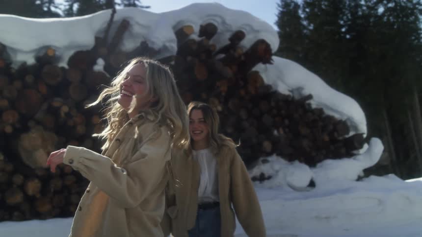 Two women standing by the road with logs covered in snow trees the sky and clouds in the background