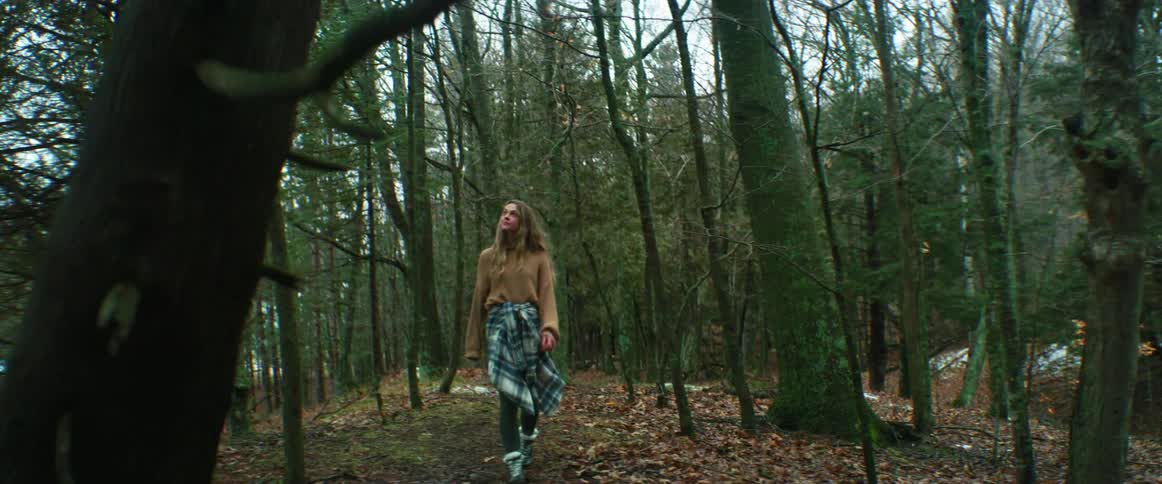 A young woman walks through a woodland during the day