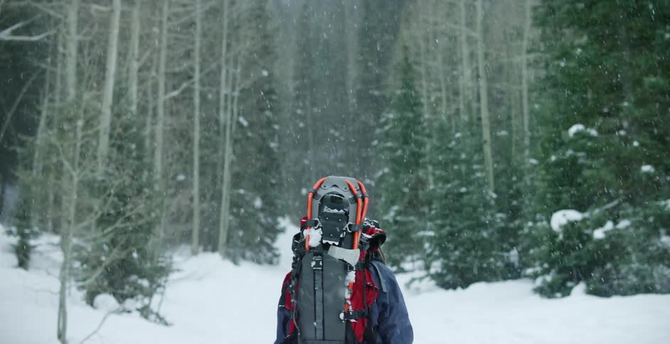 A backpacker walking through snowfall in the forest