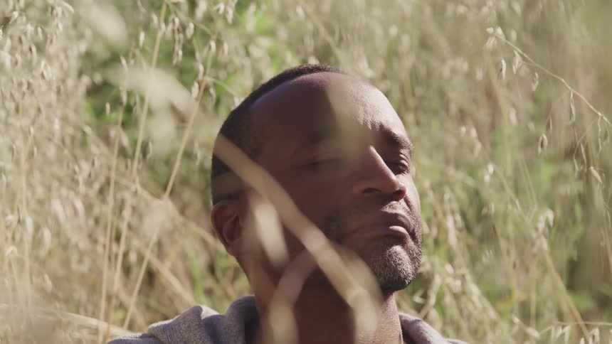 A man surrounded by tall grass while sitting outside with his eyes closed