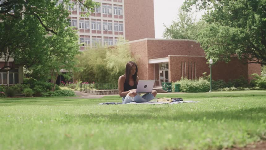 A woman is sitting on the lawn using her laptop