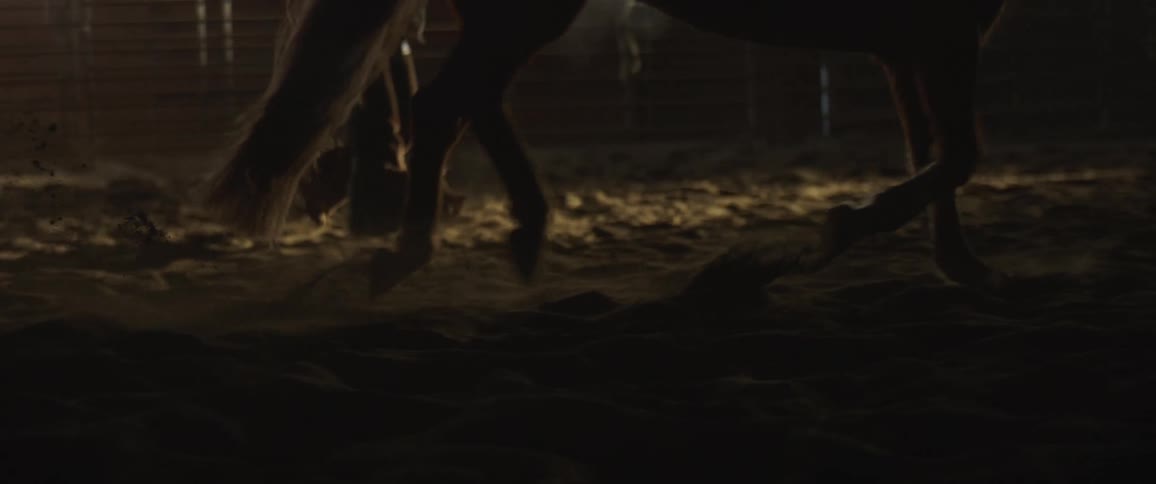 A cowboy leading a horse inside a barn