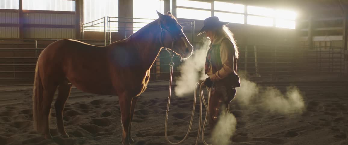 Woman stands in indoor horse arena petting horse